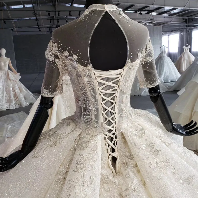 Crystal o-neck short sleeves wedding gowns
