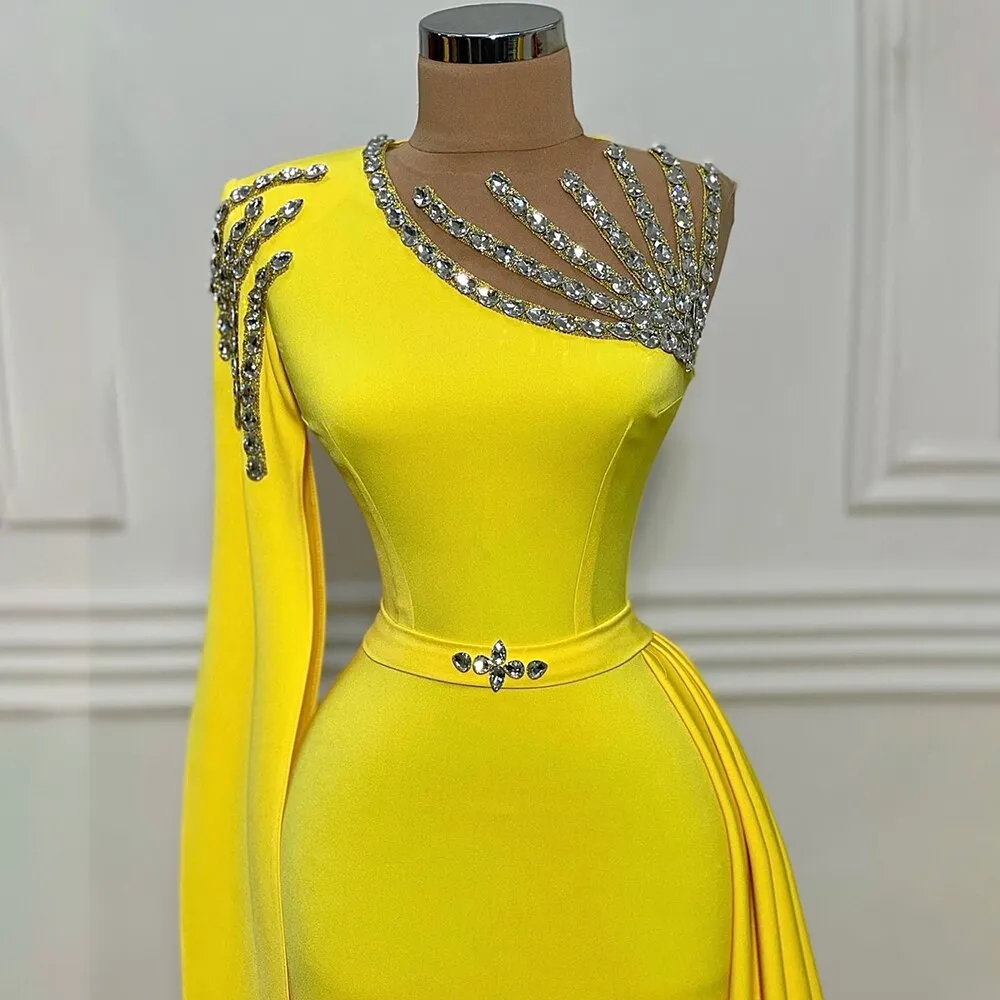 Crystal One Shoulder Cap Long Sleeve Dress
