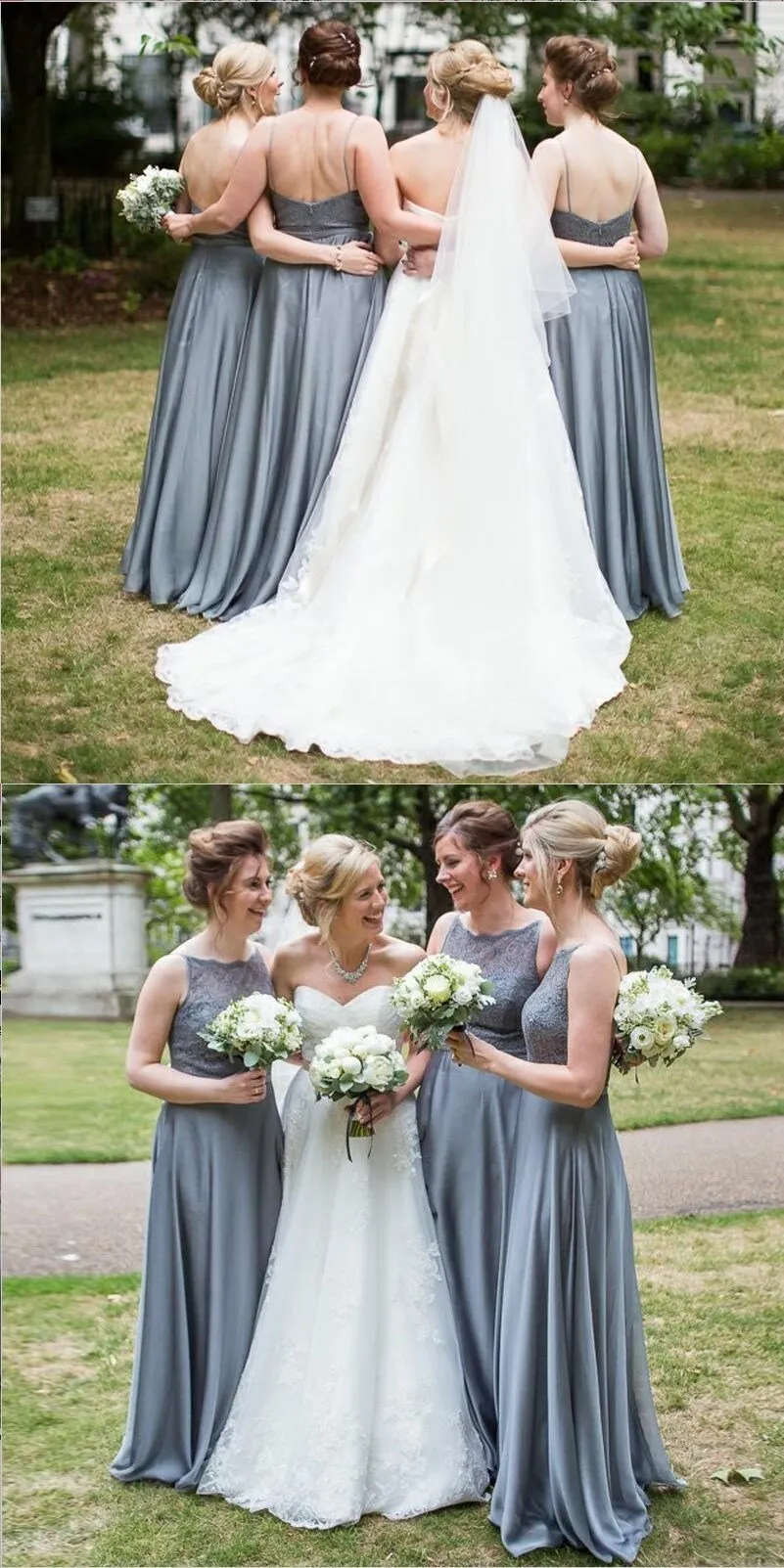 Custom Cheap Bridesmaid dress, Lace Top Modest Grey Chiffon Bridesmaid Dresses, WG273