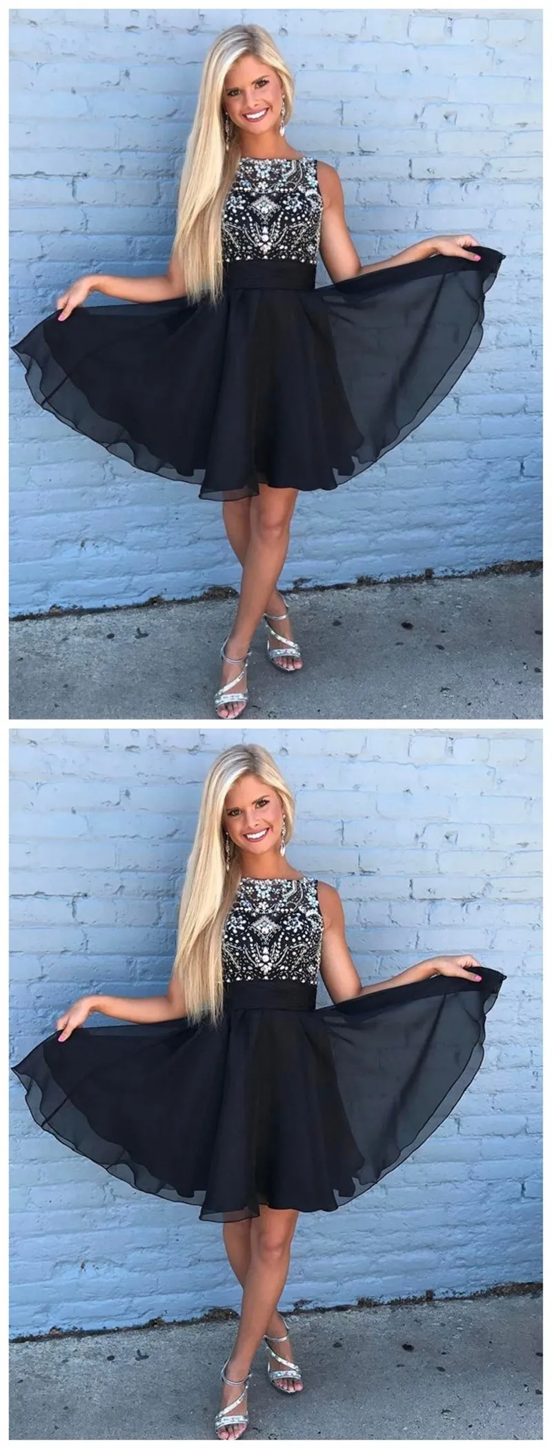 Cute Rhinestone Beaded Chiffon Short Black Homecoming Dresses 2018, CM492
