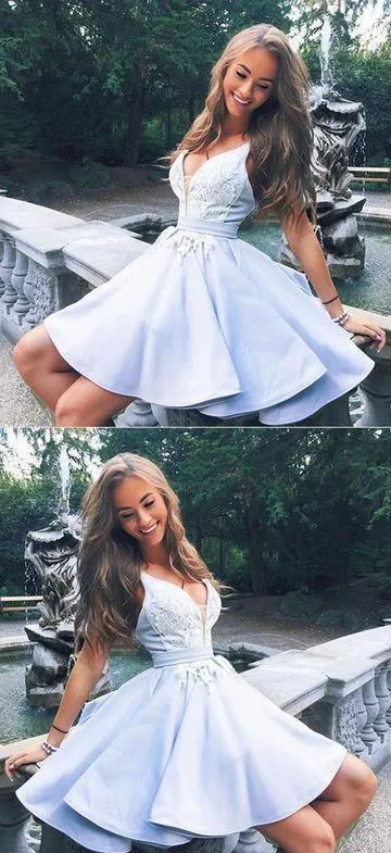 Cute Straps V-neck Lace Short Prom Dress Homecoming Dress HD0041