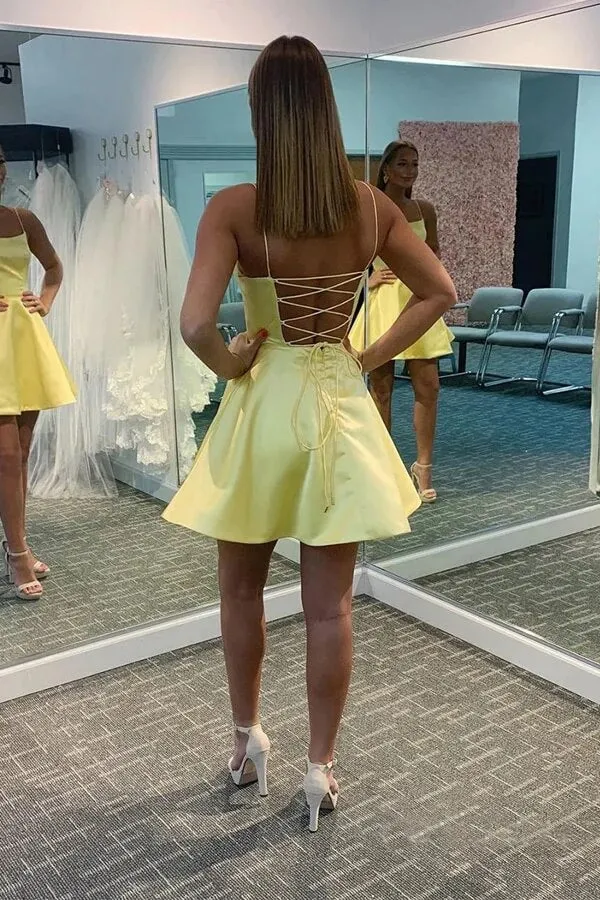 Cute Yellow Satin A-line Scoop Homecoming Dresses, Short Party Dress, MH606