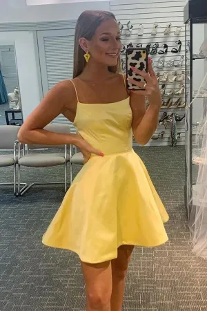 Cute Yellow Satin A-line Scoop Homecoming Dresses, Short Party Dress, MH606