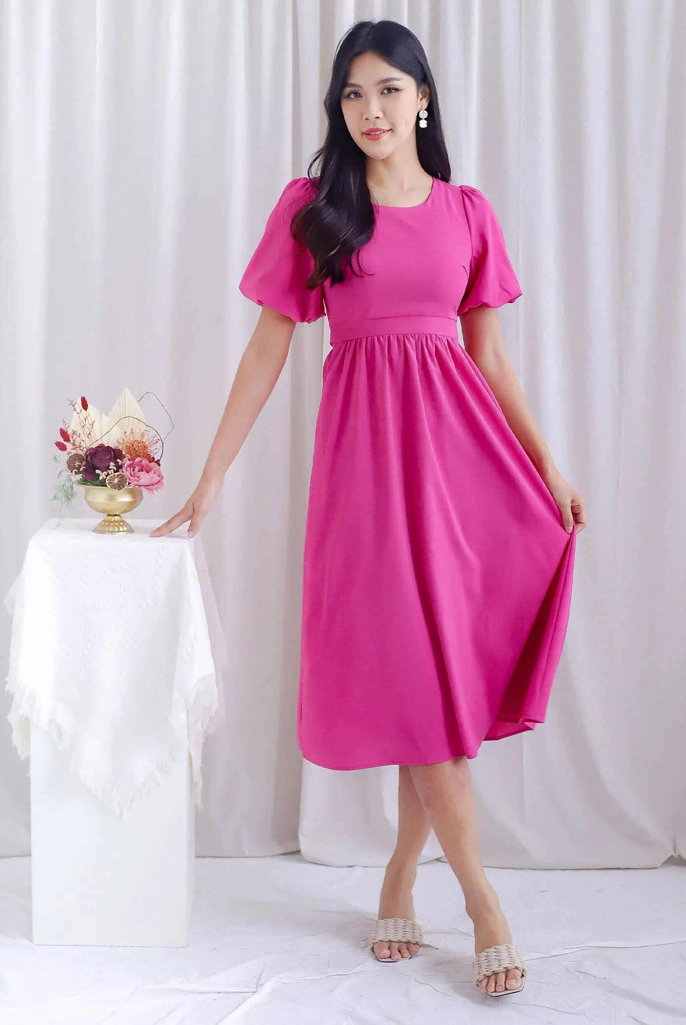 Danica Cut Out Tie Back Midi Sleeved Dress In Hot Pink