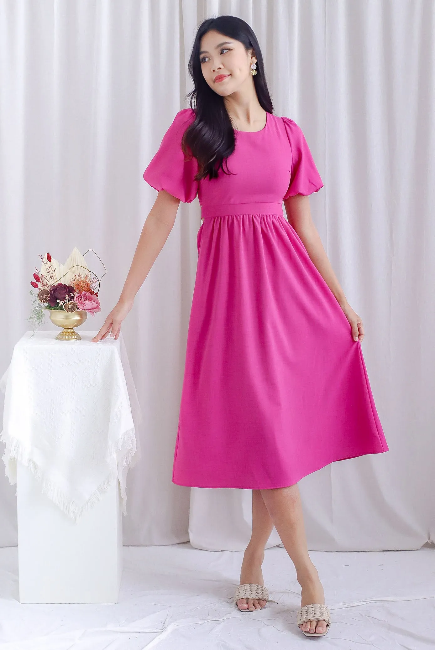 Danica Cut Out Tie Back Midi Sleeved Dress In Hot Pink