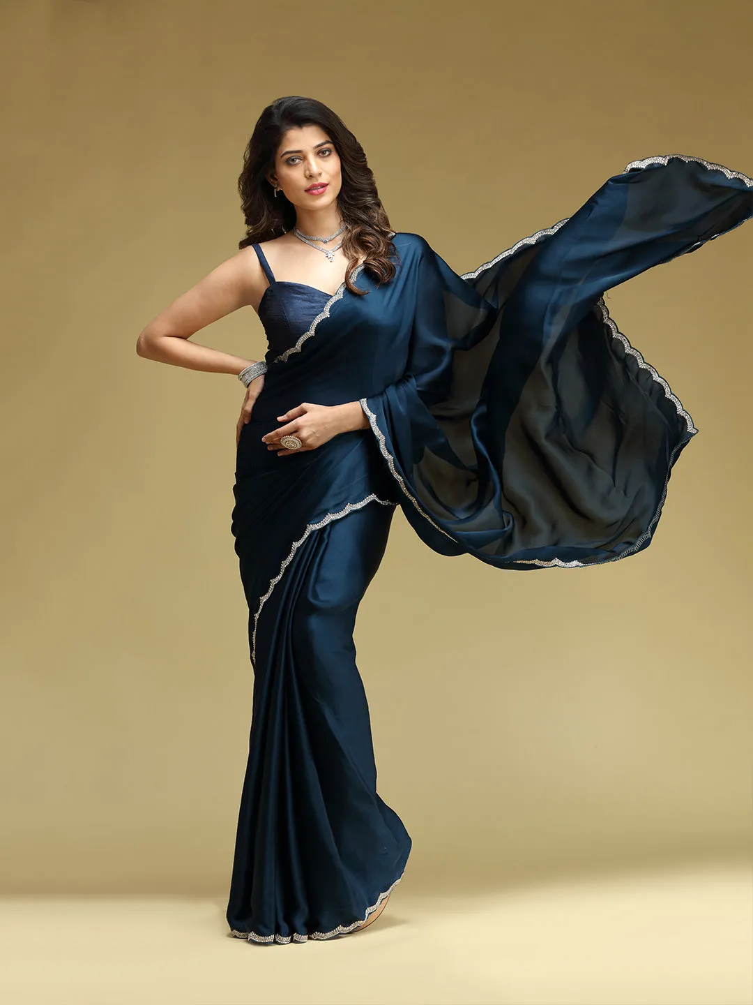 Dark Blue Satin Crepe Stone Work Fancy Saree