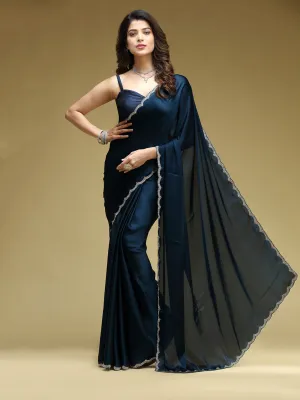 Dark Blue Satin Crepe Stone Work Fancy Saree