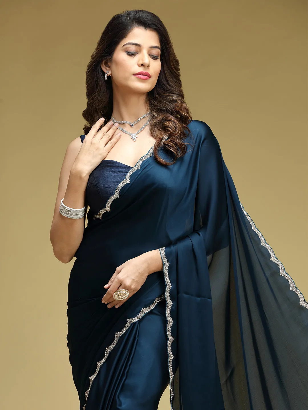 Dark Blue Satin Crepe Stone Work Fancy Saree