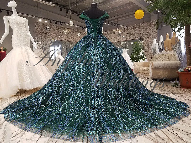 Dark Green Ball Gown Evening Dresses with Cap Sleeves 2018