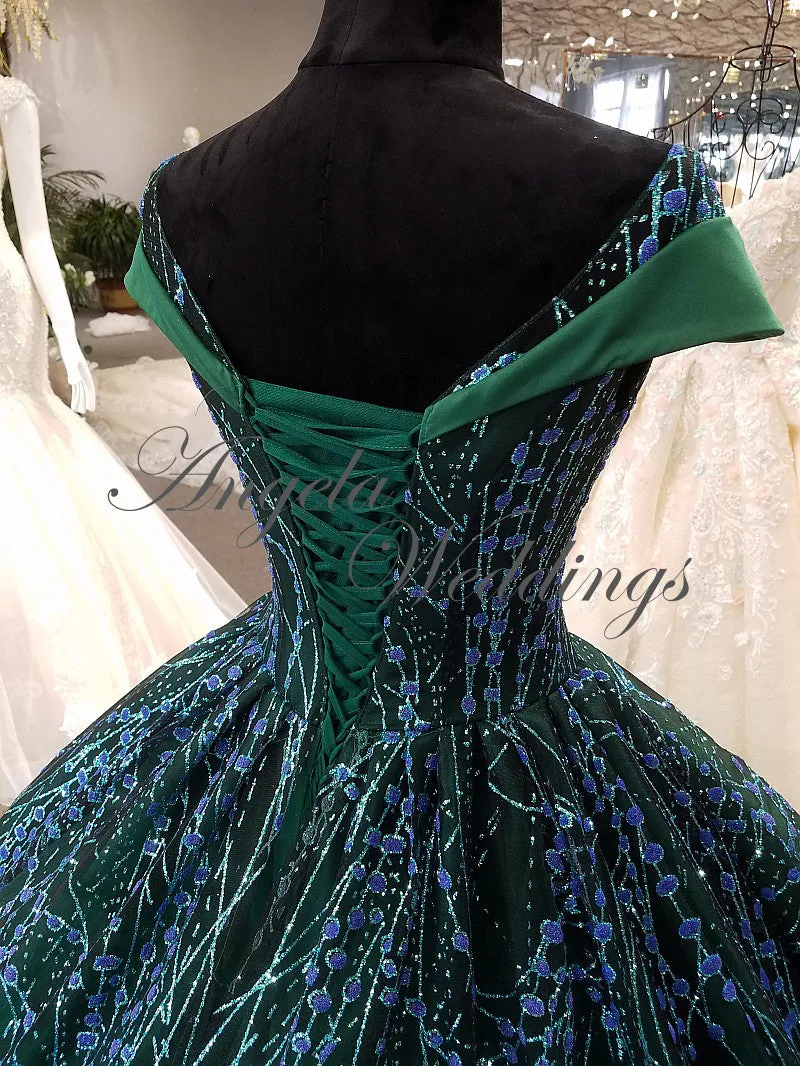 Dark Green Ball Gown Evening Dresses with Cap Sleeves 2018