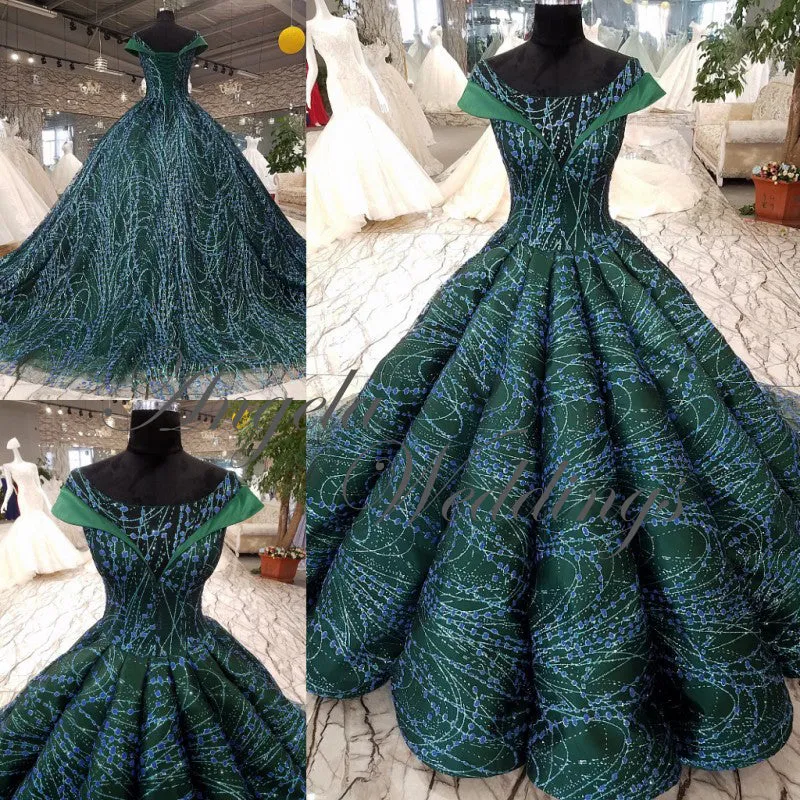 Dark Green Ball Gown Evening Dresses with Cap Sleeves 2018
