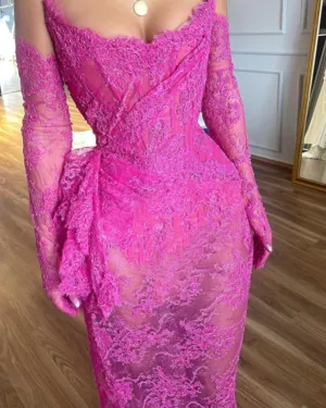 Dark Pink Lace Mermaid Evening Dress