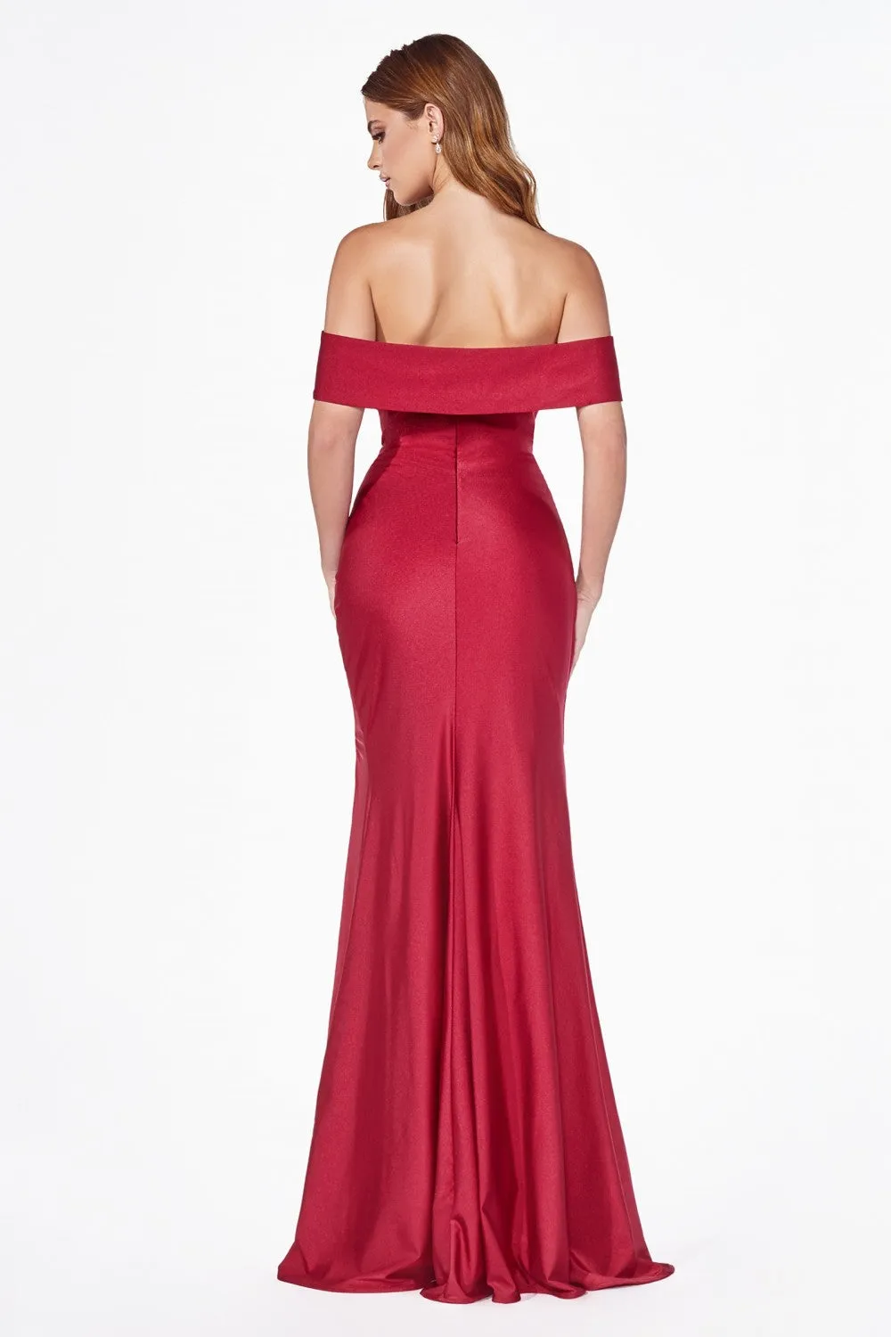 Dawn Bridesmaid Dress with Off the Shoulder Collar with Skirt Slit 7401050WR-Burgundy