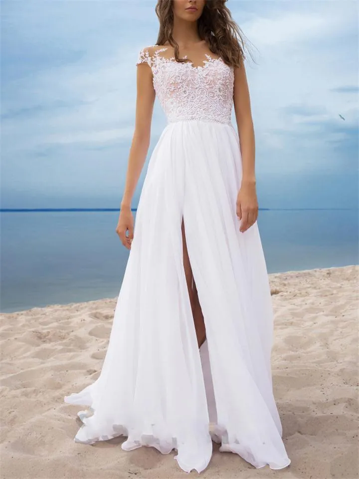 Decent Floral Side Slit Maxi Chiffon Dress for Wedding