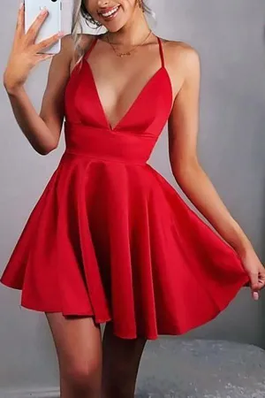 Deep V Backless A Line V-neck Short Homecoming Dress HD0104