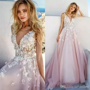 deep v neck prom dresses 2020 elegant Lace Applique v neck sleeveless 2021 prom gown