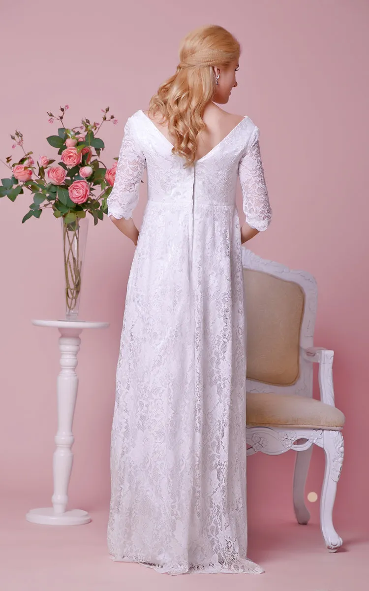 Deep-V-Neckline 3 4 Sleeves Lace Allover Gown-ZP_706092