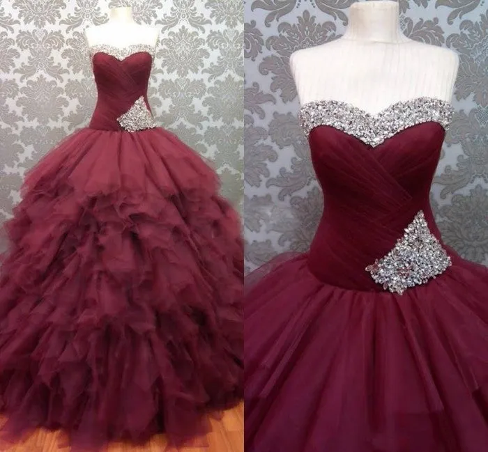 Delicate Burgundy Quinceanera Dresses 2018 Sweetheart Beaded Organza Ruffles Ball Gowns Sweet 16 Dress