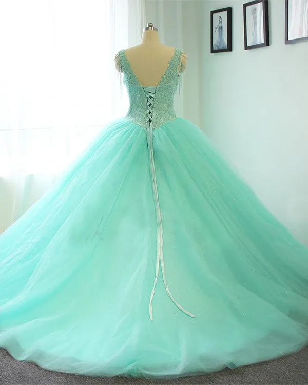 Delicate Princess Quinceanera Dresses Mint Tulle Ruffles Lace Ball Gowns Sweet 16 Dress