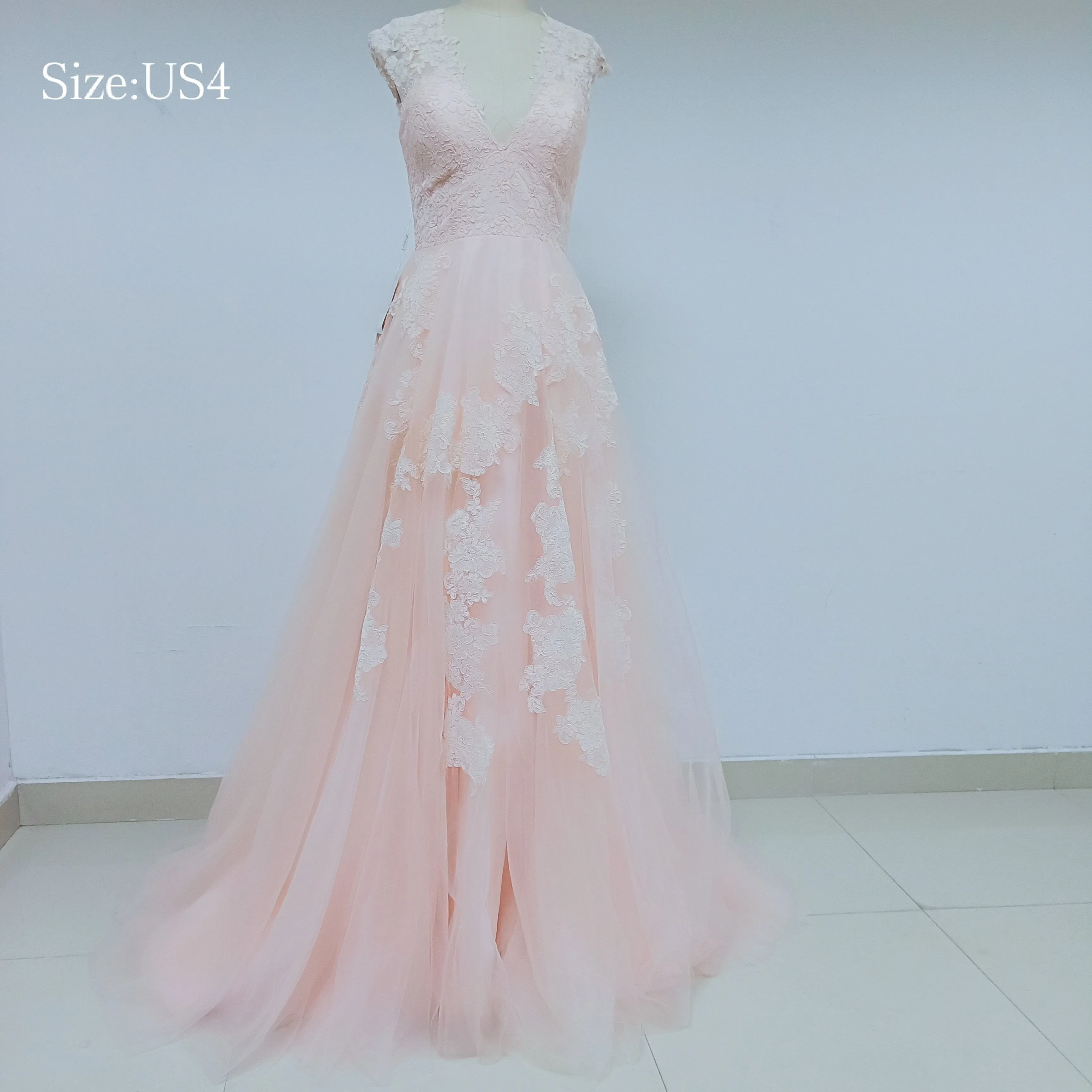 Discount Cheap Short in Size In Stock V Neck Peach Lace Prom Dresses Online,DD003
