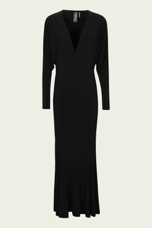 Dolman V Neck Fishtail Gown in Black