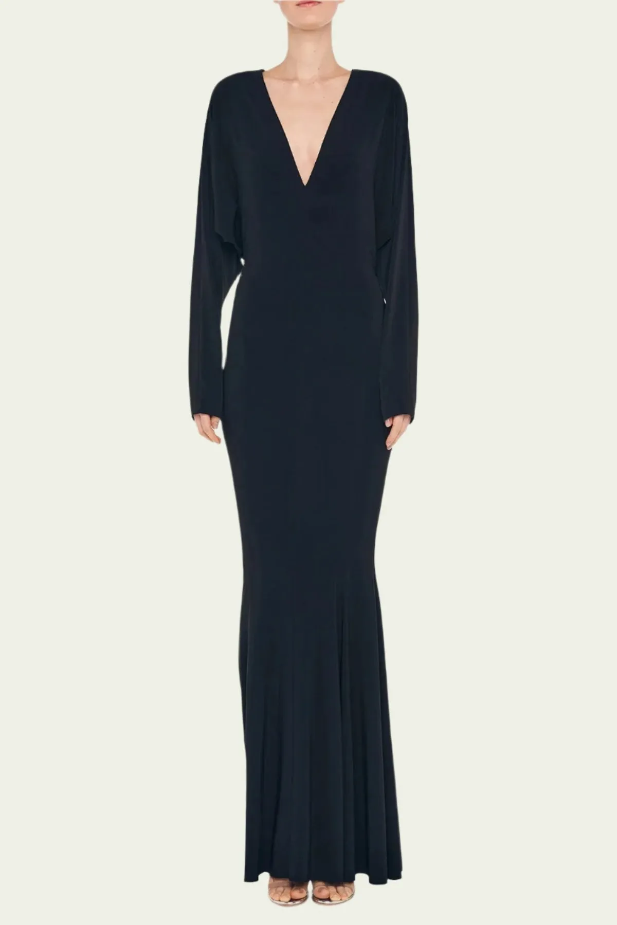 Dolman V Neck Fishtail Gown in Black