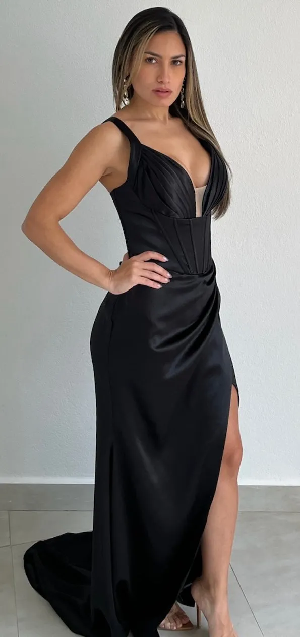 Dreaming of Elegance Black Satin Formal Gown