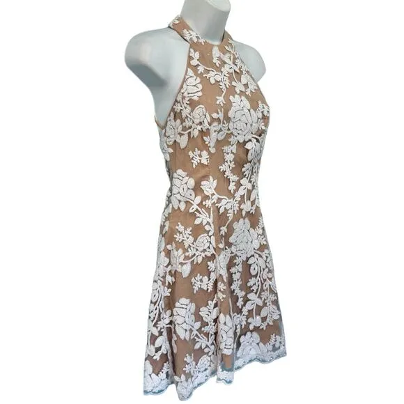 Dress the Population Abbie Tan Lace White Sequin Embroidered Halter Mini Dress S