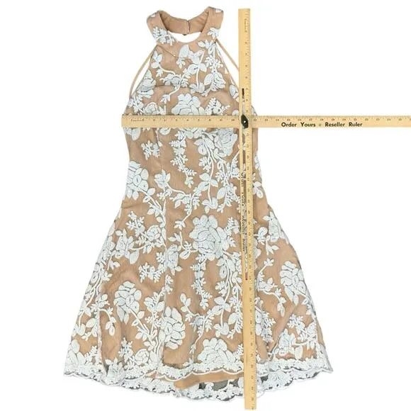 Dress the Population Abbie Tan Lace White Sequin Embroidered Halter Mini Dress S