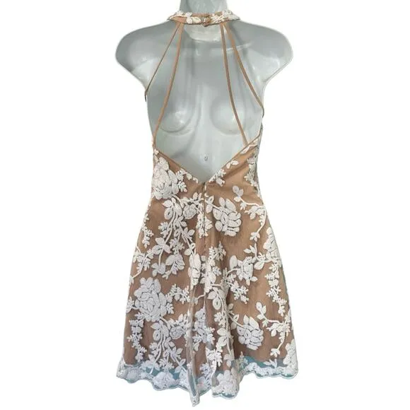 Dress the Population Abbie Tan Lace White Sequin Embroidered Halter Mini Dress S