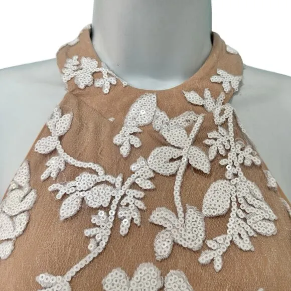 Dress the Population Abbie Tan Lace White Sequin Embroidered Halter Mini Dress S