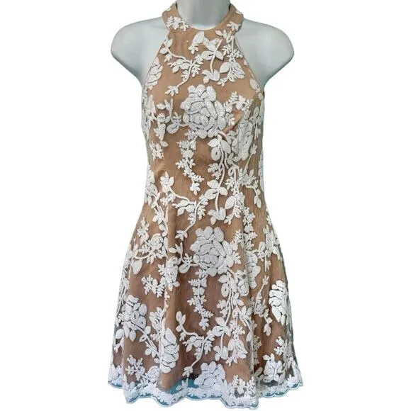 Dress the Population Abbie Tan Lace White Sequin Embroidered Halter Mini Dress S
