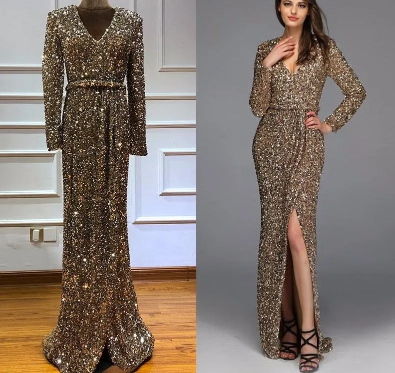 Dubai Luxury Gold Long Sleeves Latest Evening Gown Designs Beading Sequined Evening Gown