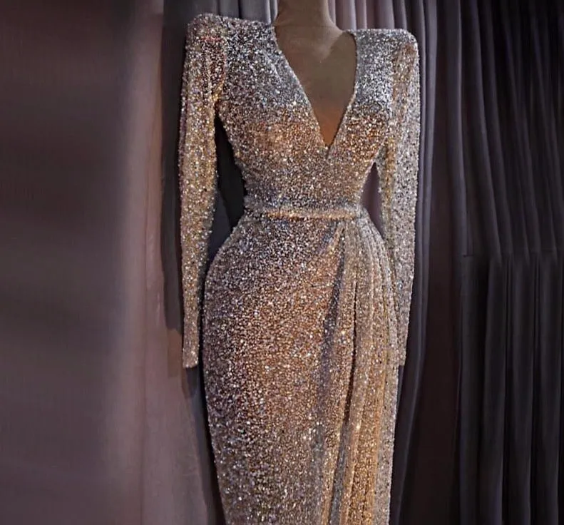 Dubai Luxury Gold Long Sleeves Latest Evening Gown Designs Beading Sequined Evening Gown