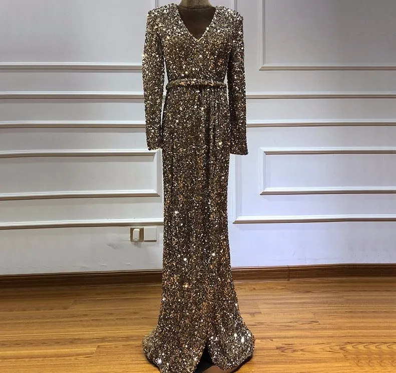 Dubai Luxury Gold Long Sleeves Latest Evening Gown Designs Beading Sequined Evening Gown