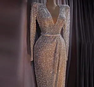 Dubai Luxury Gold Long Sleeves Latest Evening Gown Designs Beading Sequined Evening Gown