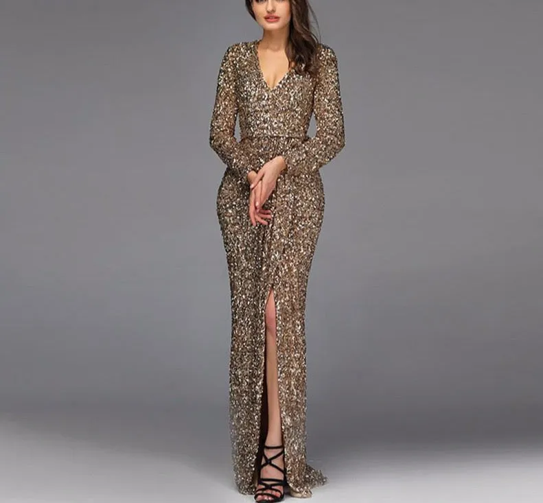 Dubai Luxury Gold Long Sleeves Latest Evening Gown Designs Beading Sequined Evening Gown