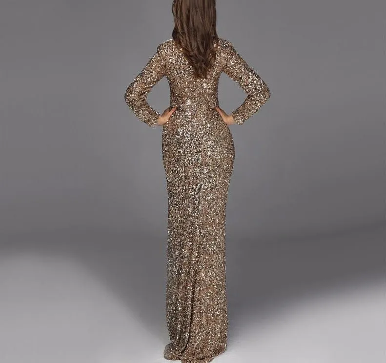 Dubai Luxury Gold Long Sleeves Latest Evening Gown Designs Beading Sequined Evening Gown