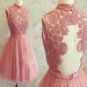 Dusty Pink High Neck Lace Top Junior Pretty Homecoming Dresses, BG51426