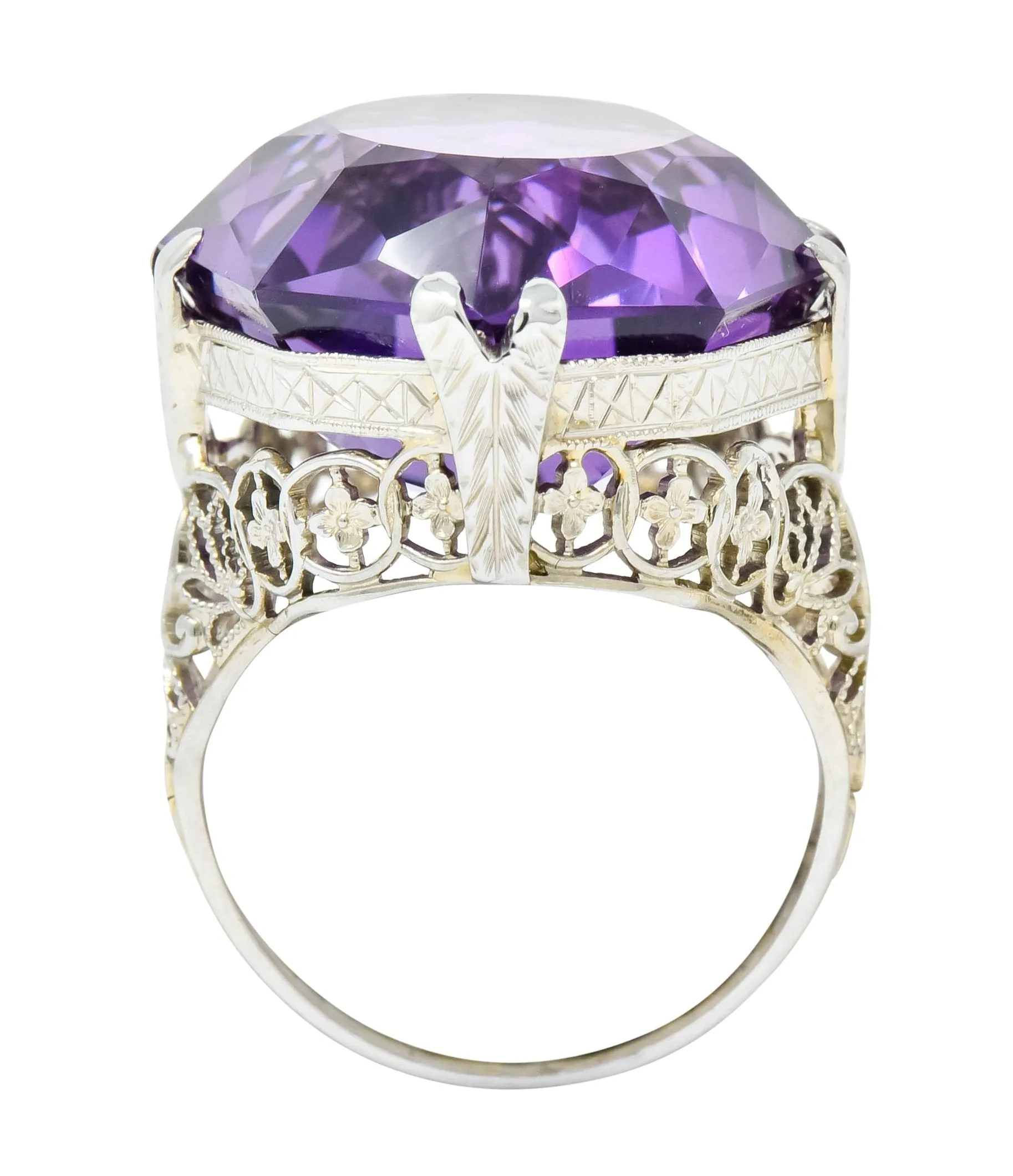 Edwardian Amethyst 18 Karat White Gold Floral Lace Cocktail Ring
