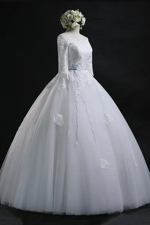 Elegant Ball Gown Bateau Long Tulle Wedding Dress With Lace TN0018