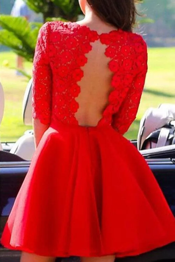 Elegant Bateau A-line Half Sleeves Short Red Lace Homecoming Dress TR0044