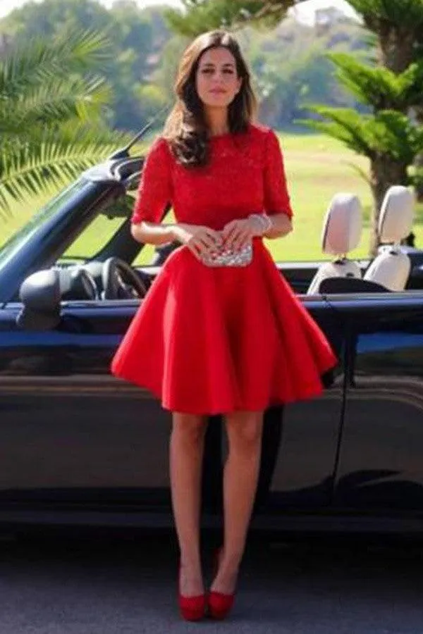 Elegant Bateau A-line Half Sleeves Short Red Lace Homecoming Dress TR0044