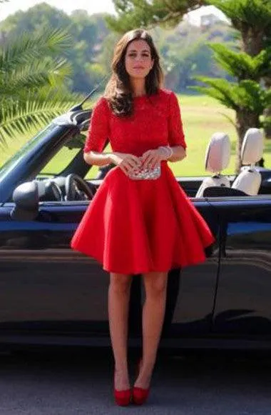 Elegant Bateau A-line Half Sleeves Short Red Lace Homecoming Dress TR0044