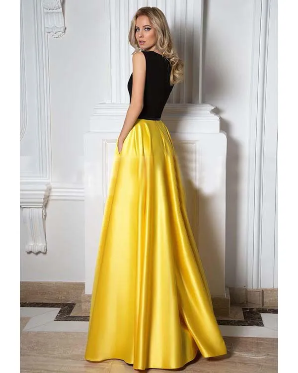 Elegant Black Yellow Satin Prom Dresses with V Neckline Modest Long Prom Party Gowns Fashion