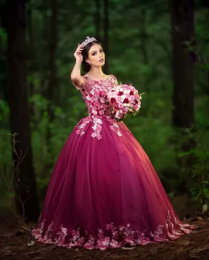Elegant Burgundy Quinceanera Dress Ball Gown Lace Flowers Princess vestidos de quinceañera Prom Gowns