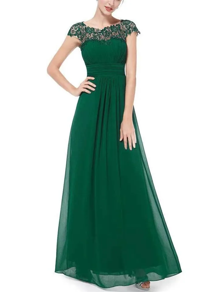 Elegant Cap Sleeve Lace Neckline Ruched Bust Evening Dress