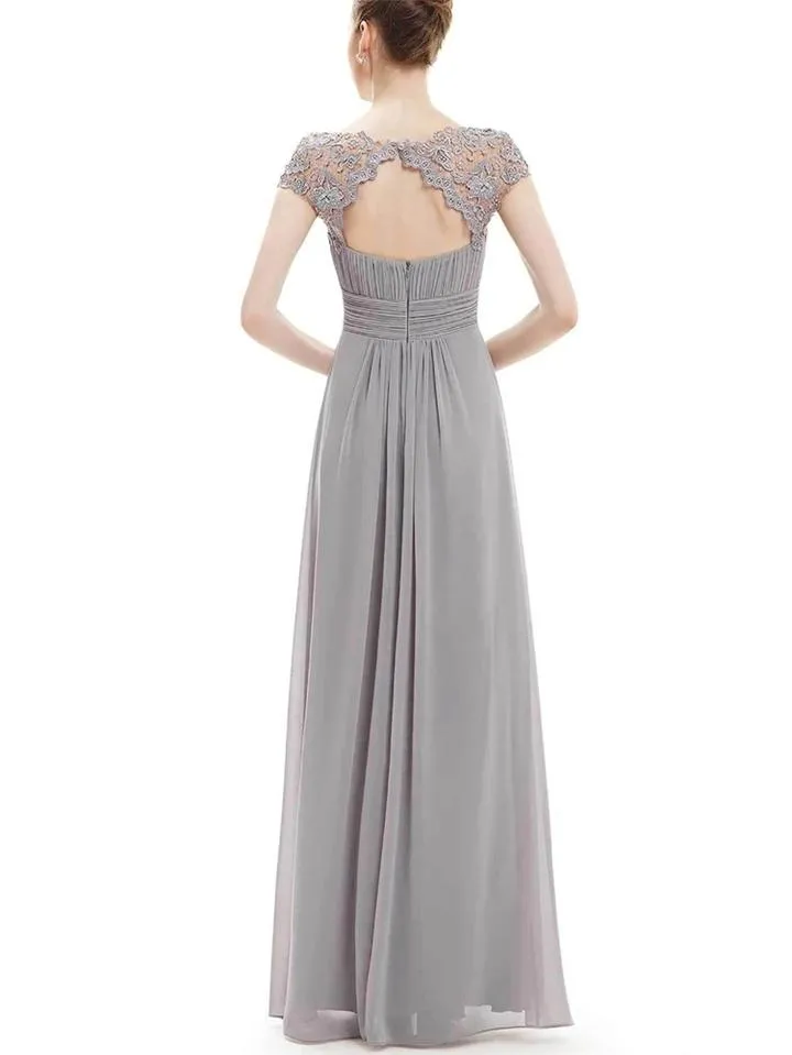Elegant Cap Sleeve Lace Neckline Ruched Bust Evening Dress
