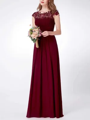 Elegant Cap Sleeve Lace Neckline Ruched Bust Evening Dress