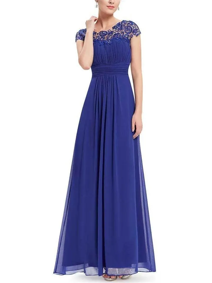 Elegant Cap Sleeve Lace Neckline Ruched Bust Evening Dress